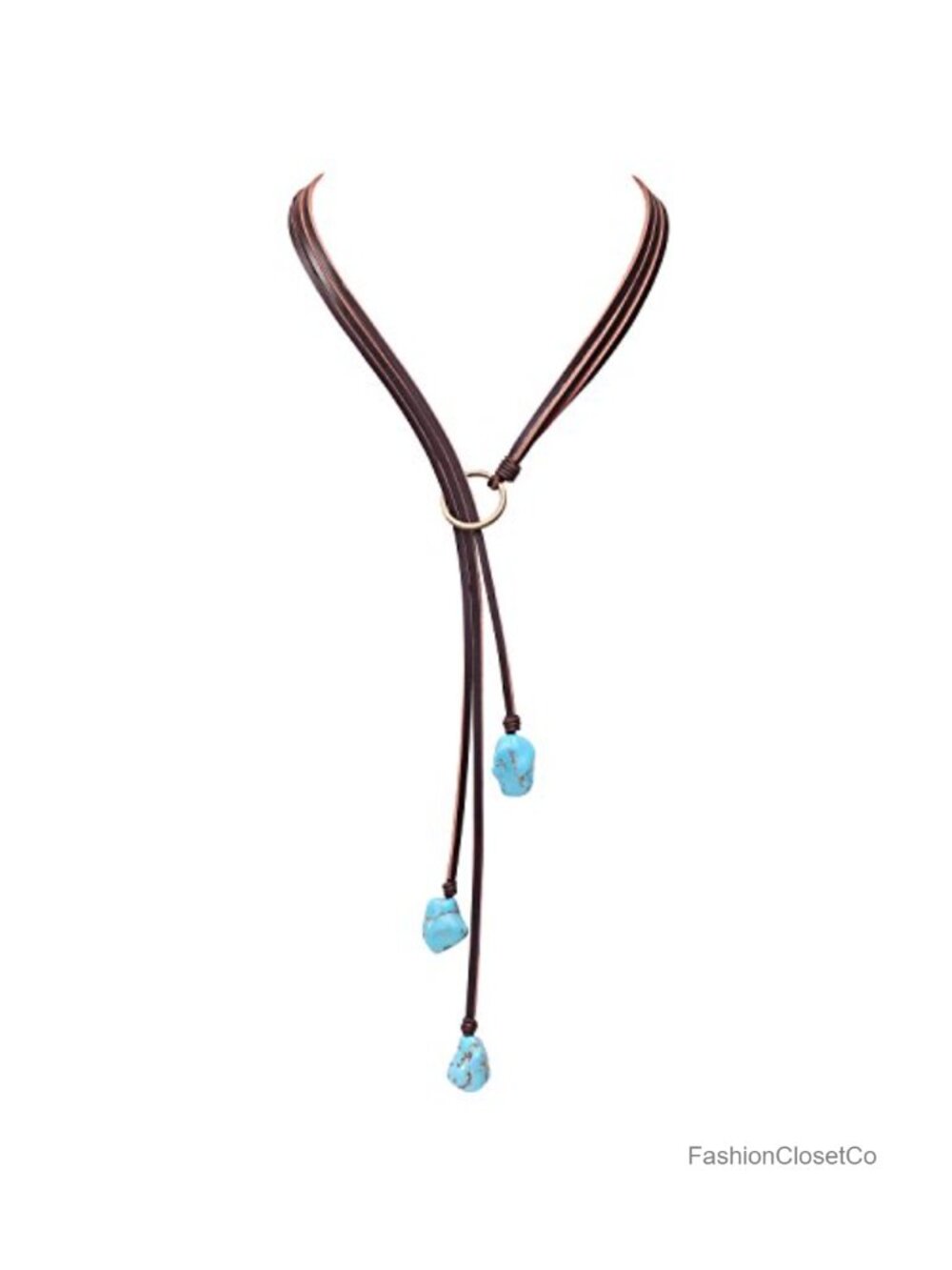 Handmade Synthetic Turquoise Y-Necklace Genuine Leather Boho Lariat Adjustable